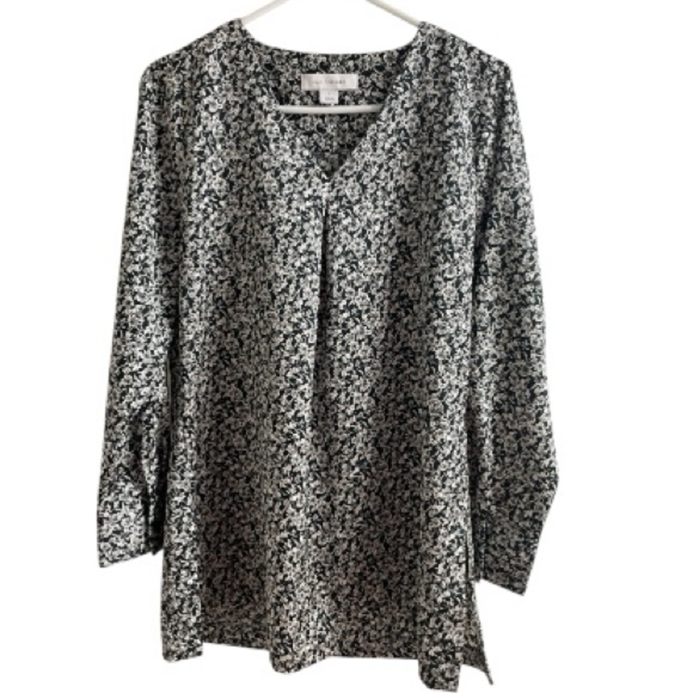 Madison‎ Grey Black White Floral V-Neck Long Sleeve Tunic Blouse Small